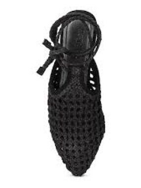 Women's Rag & Co Handcrafted Black Woven Pointed-Toe Tie Up Flat Mules